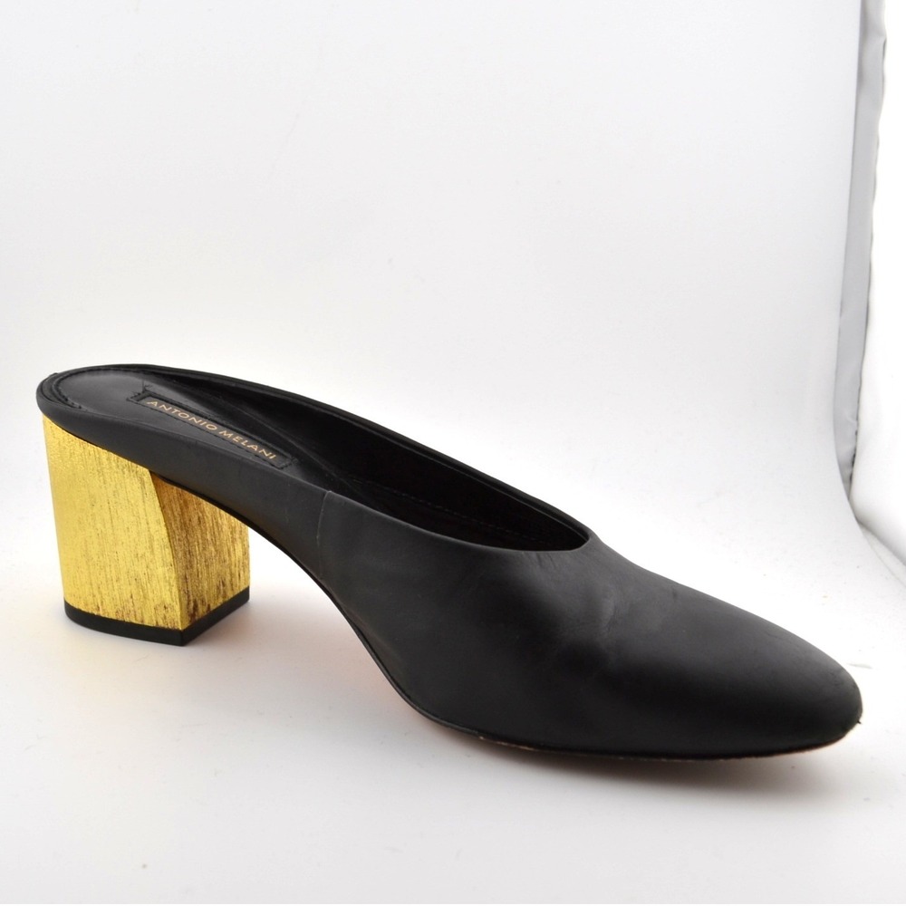 Antonio Melani Leather Mule Heels Office Evening Fall Black Gold Slip On 8.5